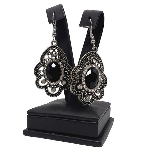 Reign the Crown Gothic Dangle Earrings Black Jewel Antique Silver Tone - Picture 1 of 10